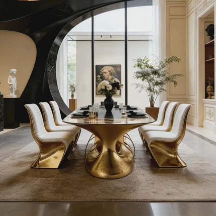 Luxury Modern Gold Firberglass Dining Table Custom Oval Black Dining Table Gold Base Waterproof Durable 6 Seater