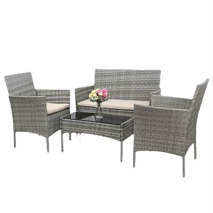 Brown Rattan Outdoor Furniture Set with Glass Coffee Table | 2 Chairs, Loveseat, Cushions, Custom Colors & Styles for Patio