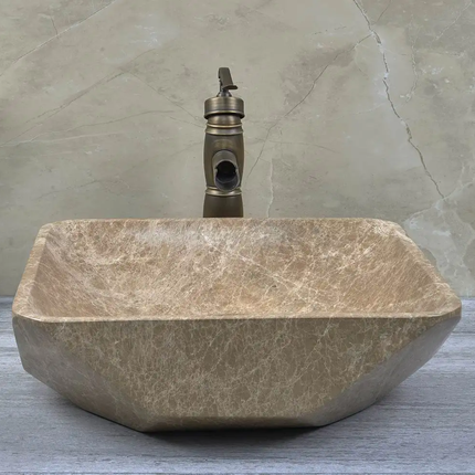 Emperador Light Unique Shape Sink Handmade Natural Stone Wash Basin Bathroom Vanity Diamond Facets Marble Stone Wash Basin
