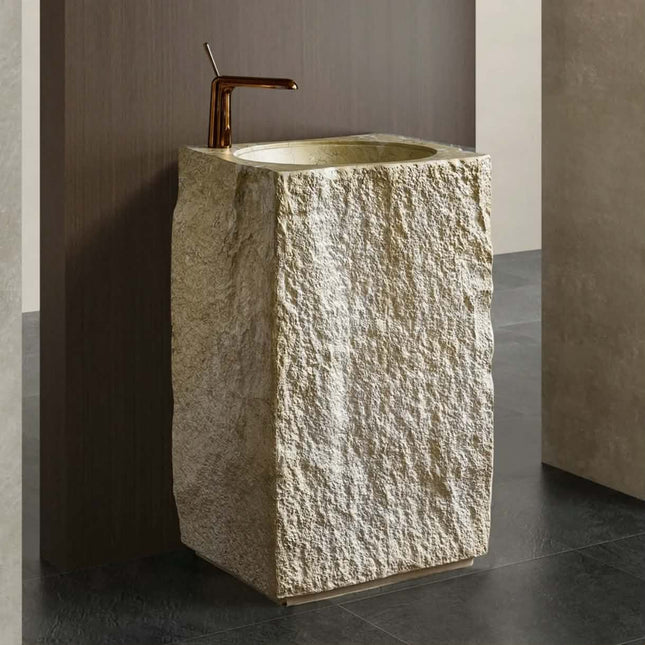 Japanese Wabi Sabi Chic Cream Color Square Marble Pattern Artificial Stone Pedestal Sinks Bathroom Wash Basin for Home Hotel