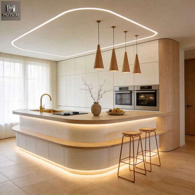 Custom Modern Minimalist Kitchen Design Plywood Flat Panel Cupboards Luxury Wood Grain Island Kitchen Cabinets Set