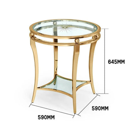 Luxury Gold Metal Side Table Round End Table with Double Glass Shelves for Living Room Elegant Modern Home Decor Furniture