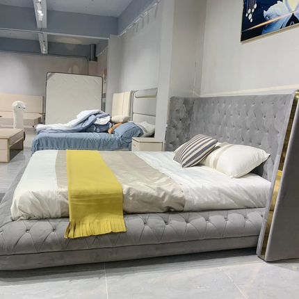 Opulent Grey King Bed - Modern Italian Design, Button-tufted Premium Fabric with Gold Accents