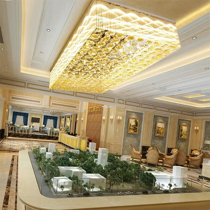 Large Luxury Gold Crystal Long Square LED Chandelier Adjustable Height Acrylic Stainless Steel Switch Remote for Hotel Lobby