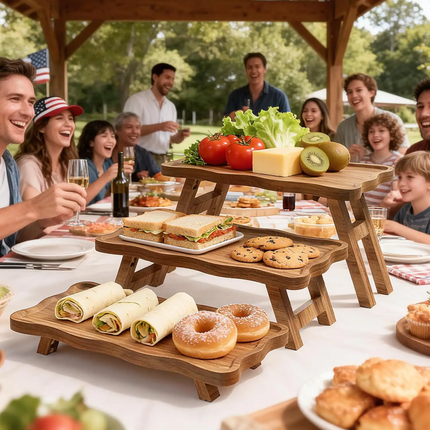 Custom Wooden Serving Stand OEM Laser Wave Edge Acacia Wood Charcuterie Riser Tray Fruit Dessert Display Stand For Party