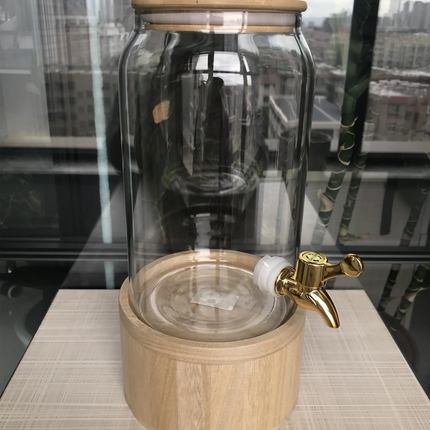 Big Volume Juice Glass Beverage Dispenser Sealable Glass Jar Ice Bucket Wood Stand