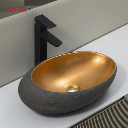 2026 Kidoir Fashion Design Gold Table Top Wash Basin CounterTop Luxury Electroplating Gold Ceramic Bathroom Sinks For Hotel