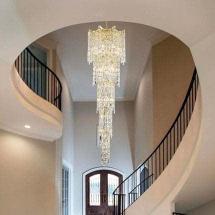 Modern Custom Long Luxury Decoration Hotel Lobby Staircase Hanging Pendant Light Steel Crystal Ring Led Chandeliers