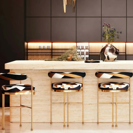 Modern Luxury Villa Dining Room Golden Bar Chair Hotel Restaurant Metal Frame Fabric Upholstered High Chair Furniture
