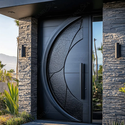 Luxury Hight-End American Modern Exterior Stainless Steel Front Entrance Door 3D Brown Solid Wood Entry Pivot Door For Houses