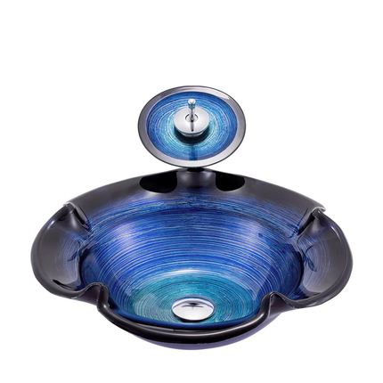 Flower Shape Blue Tempered Glass Countertop Basin Colorful Wash Basin Bathroom Simple Basin With Waterfall Faucet