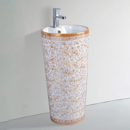 Luxury Modern Royal Design Bathroom Ceramic One-Piece Orange Flower Pattern Pedestal Basin Single-Hole Faucet Mount CORONIS 9L