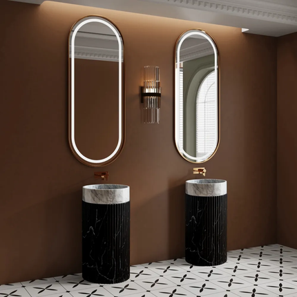 Natural Carrara White Stone Wash Basin With Black Marble Pattern Artificial Stone Pedestal Round Free Standing Bathroom Sinks