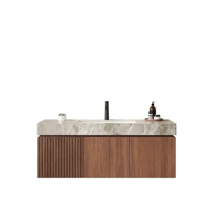 On-Trend Slat Style Bathroom Vanity – Custom Wood Veneer Cabinet, Integrated Sink, Custom Colors Available