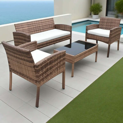 Brown Rattan Outdoor Furniture Set with Glass Coffee Table | 2 Chairs, Loveseat, Cushions, Custom Colors & Styles for Patio