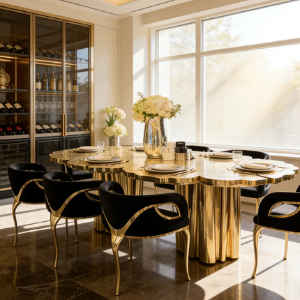 Luxury Modern Gold Stainless Steel Dining Table – Unique Designer Shape, 8 Seater for Villa Hotel Restaurant