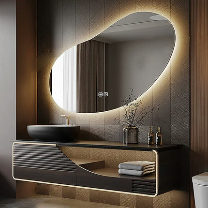 Modern minimalist solid wood vanity cabinet with smart defog mirror and countertop for apartment use, bathroom sink