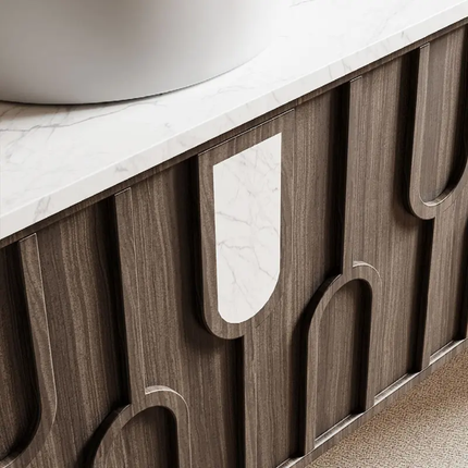 Modern Walnut Wood Carved Floating Bathroom Vanity – With Oval LED Backlit Smart Mirror