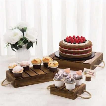 Wood Rustic Cake Stand Risers Display Wooden Pallets Style Tiered Dessert Stand Cupcake Display Boxes With Rope Handles