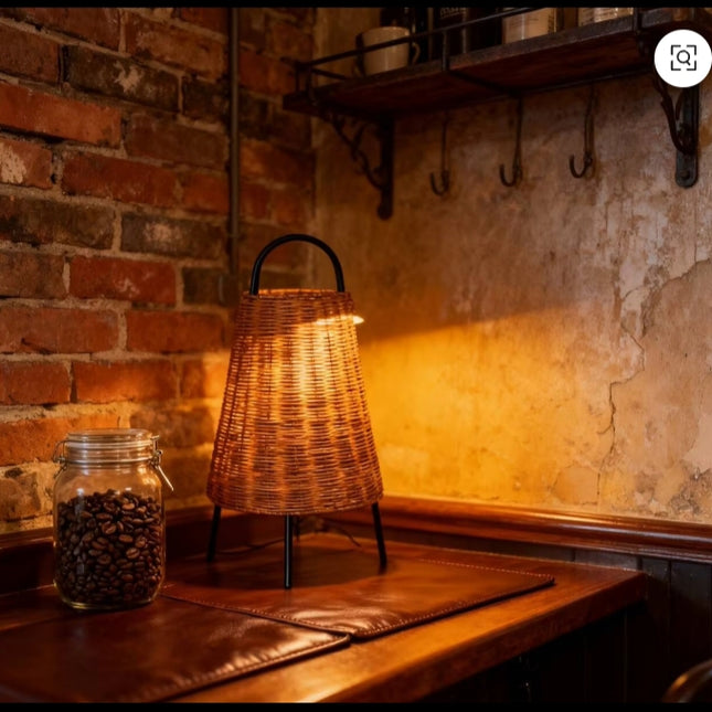 Rustic Woven Rattan Lantern Table Lamp with Handle – Warm Ambient Lighting for Industrial Kitchen, Café, or Home Decor