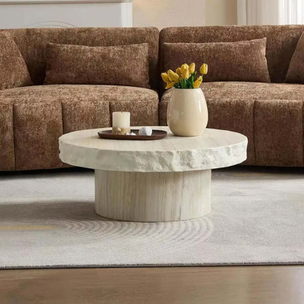 Modern beige travertine accent coffee table with rough chiseled edge stone side table for home decor