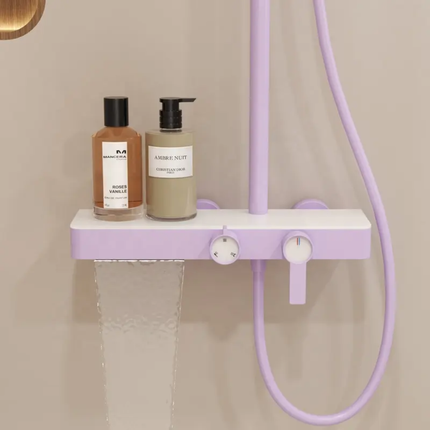 Candy Purple Brass Shower System – Features Waterfall Flow, High-Pressure Shower Head, Adjustable Slide Bar, and Multi-Functional Storage Rack for Convenience