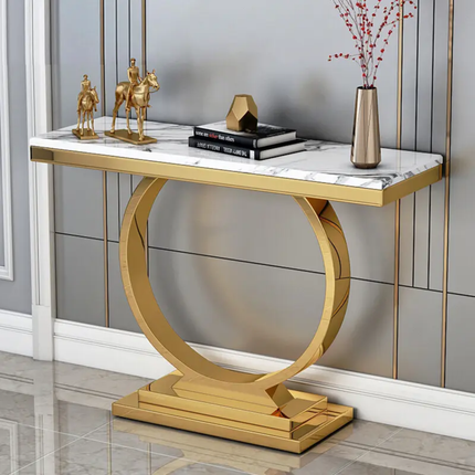 Luxury Modern Console Table with Rose Gold Stainless Steel Base & Black Marble Top