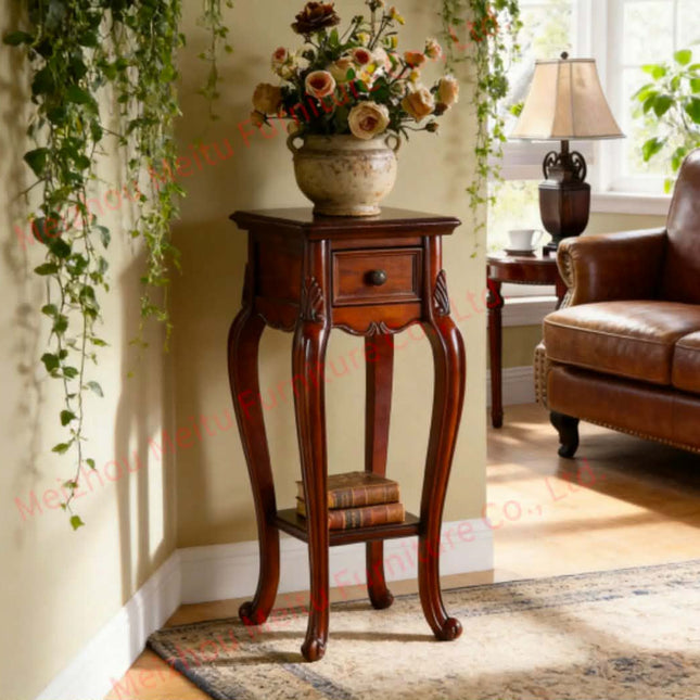 Traditional Wood Side Table w/ Drawer Shelf Carved Cabriole Legs Parquet Top Small Plant Stand for Living Room Sofa Entrya