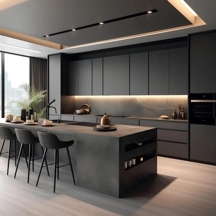 AisDecor New Modern Design Black Matt Lacquer Finish Custom Built Affordable Kitchen Cabinets For Apartment