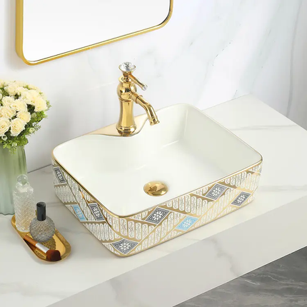 Black Square Ceramic Vessel Sink Gold Pattern Countertop Wash Basin Art Design Vanity Basin For Bathroom Wholesale Supplier