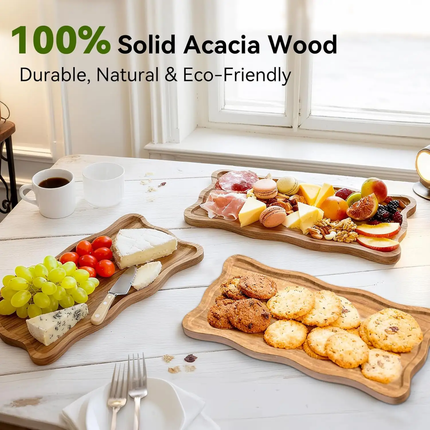 Custom Wooden Serving Stand OEM Laser Wave Edge Acacia Wood Charcuterie Riser Tray Fruit Dessert Display Stand For Party