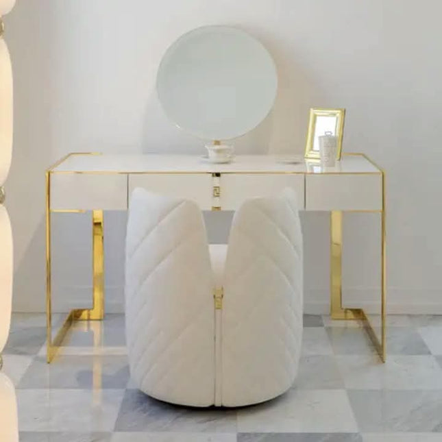 Modern High Glossy Gold Legs Dressing Table Steel Princess Style Vanity With Mirror