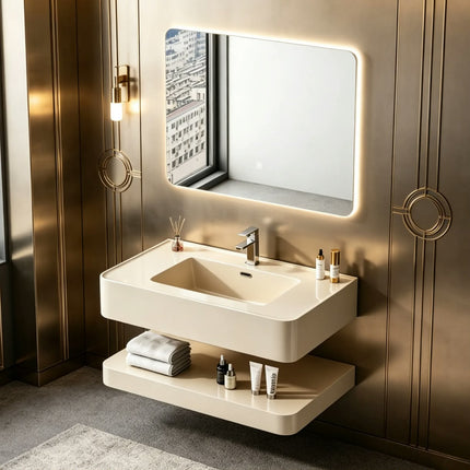 PVC Drawer wood finish wall mounting state bathroom cabinet combination ceramic integrated basin LED mirror for villa
