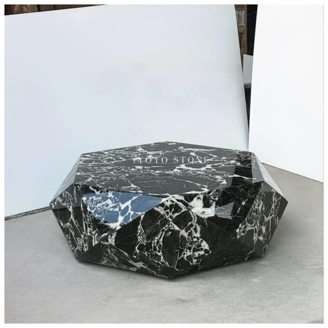 Bulgari Black Modern Marble Top Coffee Table Set Crafted From Unique Marble With Geometric Design for Living Room Furniture