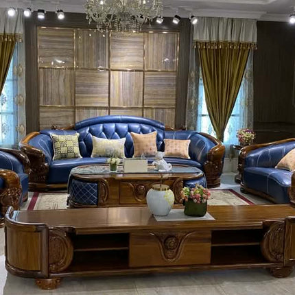 Luxury Royal Style European Handmade PU Leather L-Shape Sofa Set With Ebony Wood Carving For Living Room Palace Design