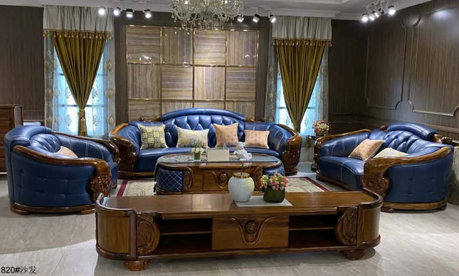 Luxury Royal Style European Handmade PU Leather L-Shape Sofa Set With Ebony Wood Carving For Living Room Palace Design