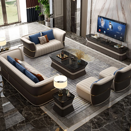 Imperial Beige Brown Sofa Set with Black Marble Top Center Table Luxury Design