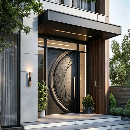 Luxury Hight-End American Modern Exterior Stainless Steel Front Entrance Door 3D Brown Solid Wood Entry Pivot Door For Houses