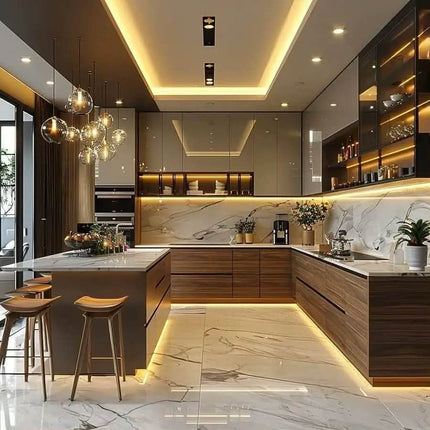 Custom Modern Luxury Smart Melamine Board Solid Wood Veneer Kitchen Island Complete Full Kitchen Storage Cabinet Set for Villa