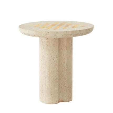 Multifunctional Modern Marble Coffee End Table Round Brass Inlay and White Travertine Game Side Table