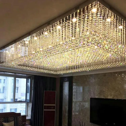 Large Luxury Gold Crystal Long Square LED Chandelier Adjustable Height Acrylic Stainless Steel Switch Remote for Hotel Lobby