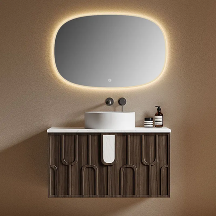 Modern Walnut Wood Carved Floating Bathroom Vanity – With Oval LED Backlit Smart Mirror