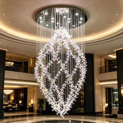 Customized Modern Crystal Chandeliers Luxury Large Flower LED Chandelier For Living Room Hotel High Ceilings Long Chandelier