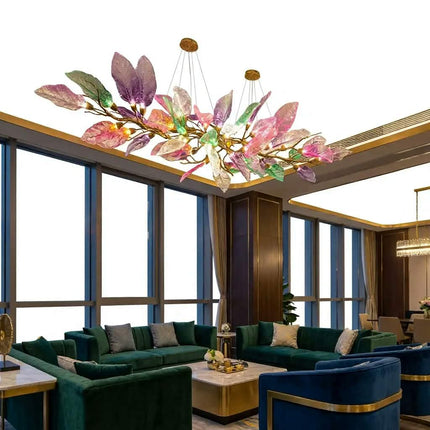 Post-Modern Villa Living Room Decoration Copper Luxury Branch Pendant Lamp Luxury Glass Leaf Tree Hang Lighting Chandeliers