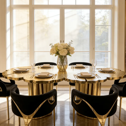 Luxury Modern Gold Stainless Steel Dining Table – Unique Designer Shape, 8 Seater for Villa Hotel Restaurant