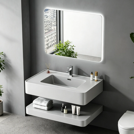 Modern luxury hotel waterproof wall mounted double-layer slate rock bathroom vanity set with LED mirror cabinet bathroom cabinet