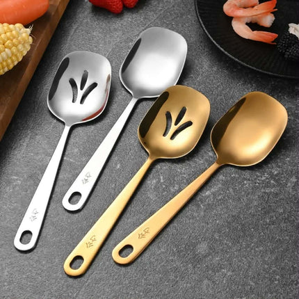 High Quality Kitchen Accessories Gold Long Handle 304 Stainless Round Spoon Serving Slotted Spoon for Buffet Restaurant