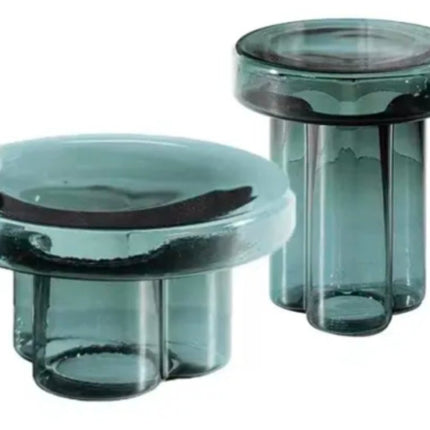 New Arrival Luxury Flower Design Coffee Table Transparent Colorful Glass Round Table Home Living Room Hotel Sofa Side Table Set