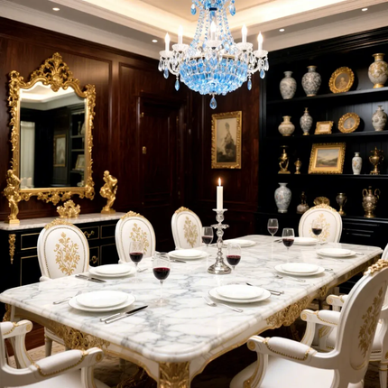 Luxury French European Dining Table Set – White Gold Marble, Convertible Adjustable Style Ideal for Villas and Apartments