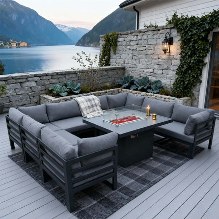 Modern Aluminum Sofa Set Furniture L-Shape Sectional Garden Set Modular Sofa Garden Furniture with Fire Pit Table